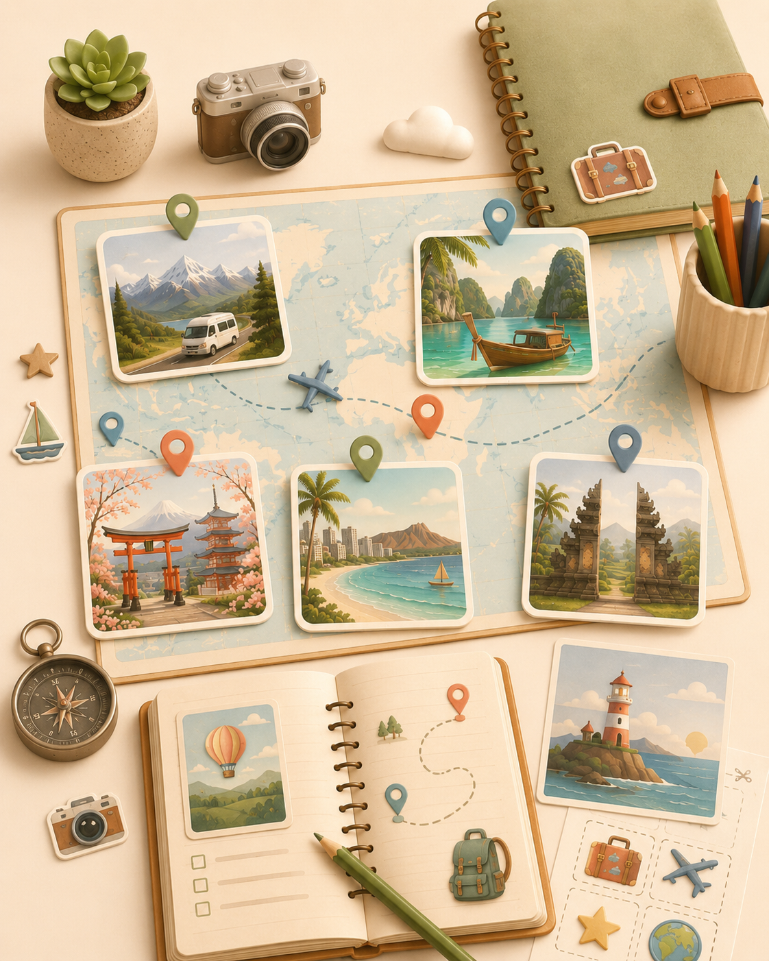 Destination cards, a travel map, notebook, and planning tools arranged in a warm TripStoryKit flat lay.