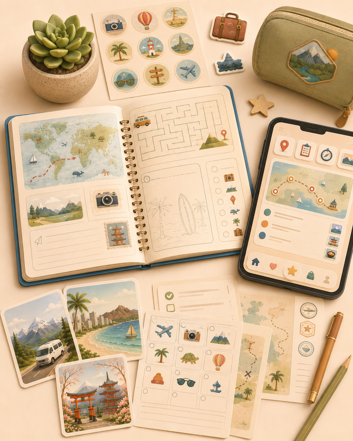 Travel activity notebook, printable cards, and a companion app device arranged on a warm tabletop.