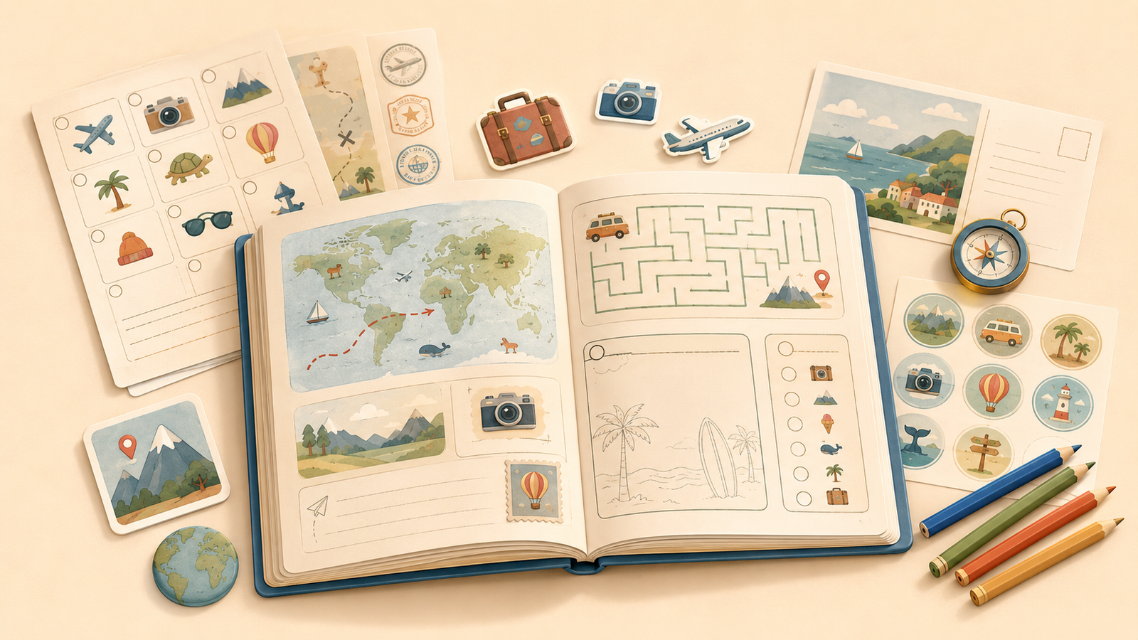 Travel activity book, printable pages, stickers, and pencils arranged on a warm family travel activity table