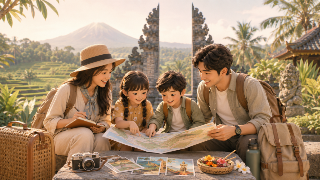 Family planning a Bali trip with tropical scenery, temple details, travel map, journal, and activity cards
