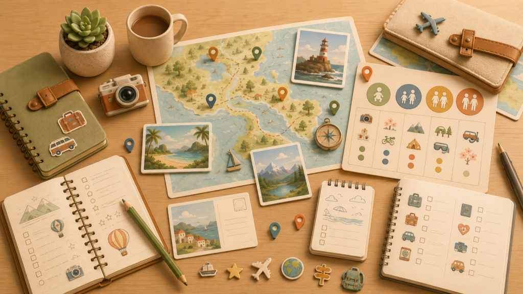 Family travel planning materials, maps, notes, destination cards, and checklists arranged on a warm wooden table.