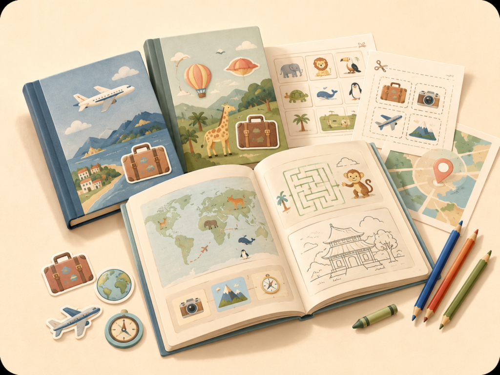 Travel activity books, printable pages, journals, pencils, stickers, and family trip activity cards