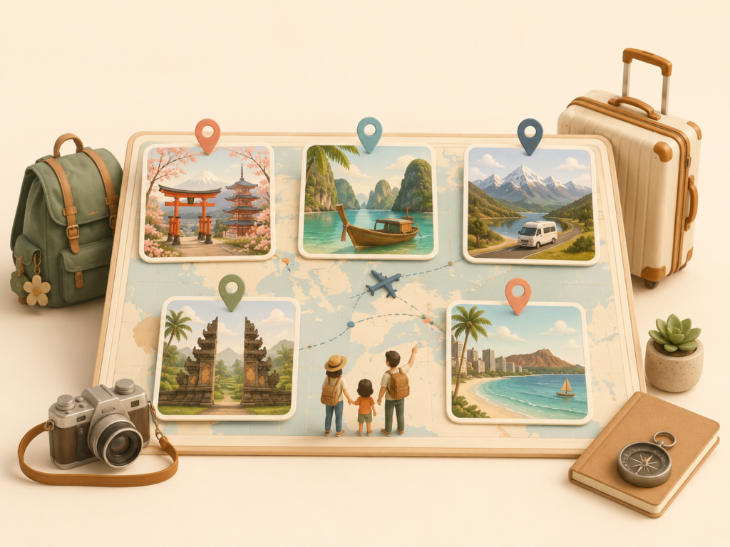 Travel map with multiple family destinations, postcards, route lines, luggage, and trip planning elements