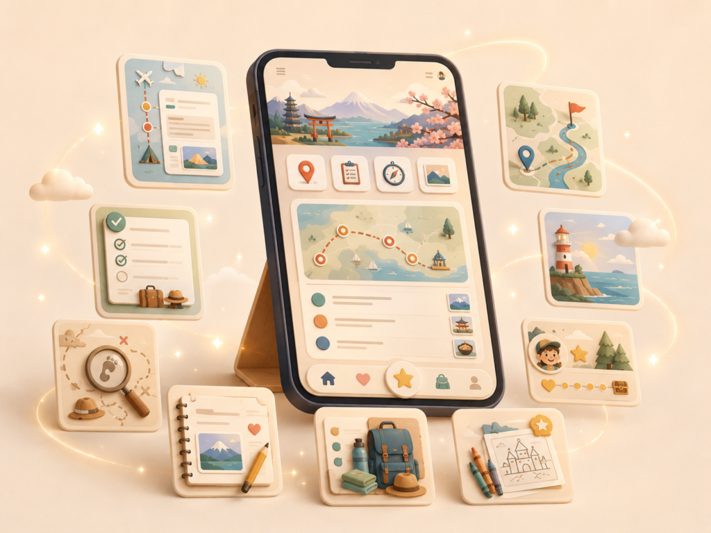 Tablet trip companion app with itinerary cards, checklist, map route, journal prompt, packing list, and family travel tools