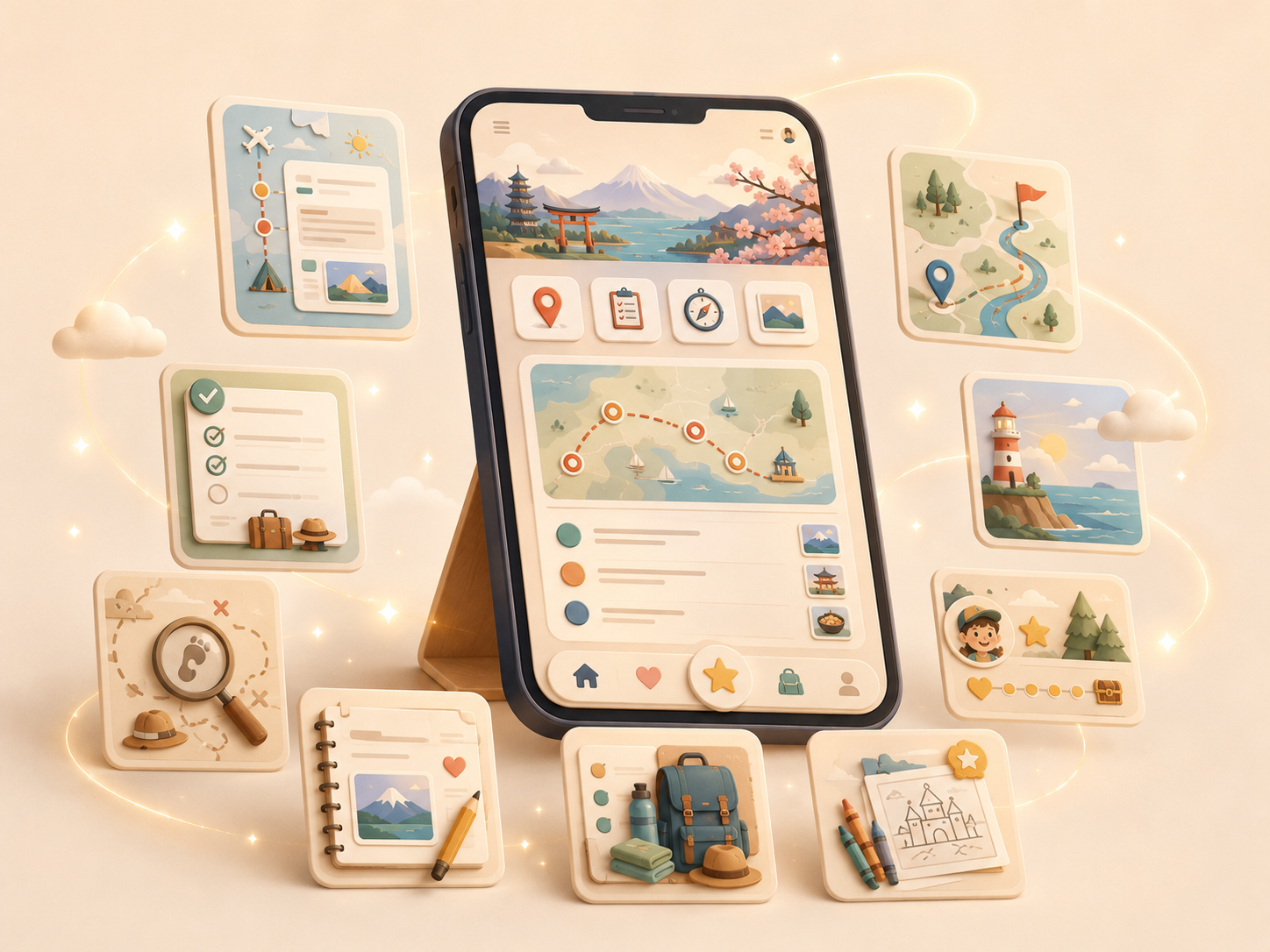Tablet trip companion app with itinerary cards, checklist, map route, journal prompt, packing list, and family travel tools
