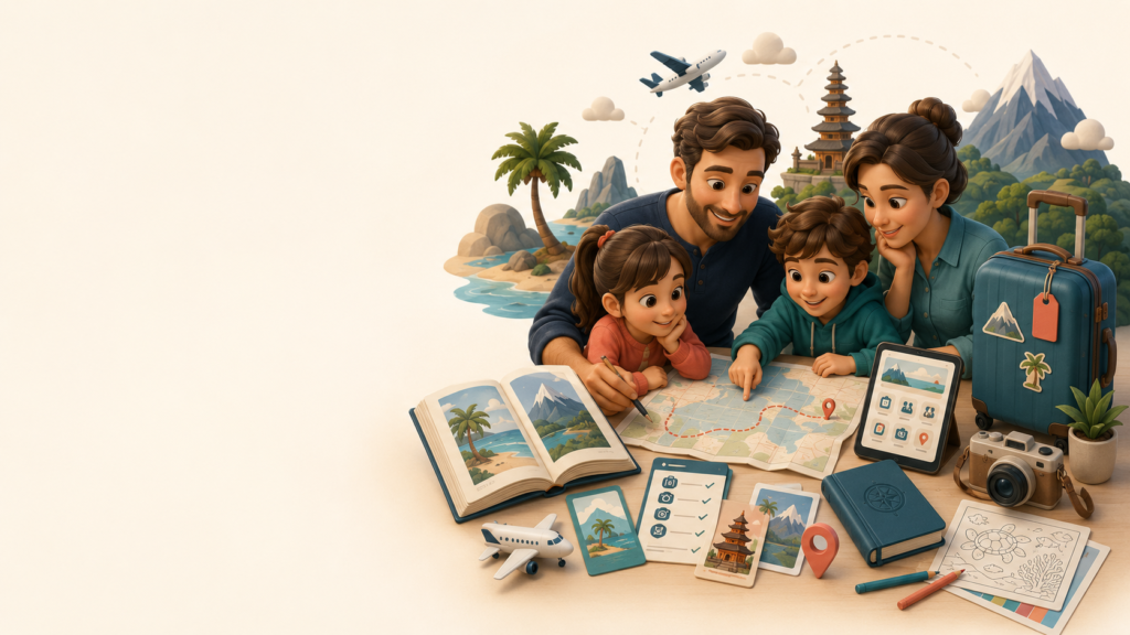 Family planning a trip with a map, guidebook, activity cards, suitcase, and trip companion app