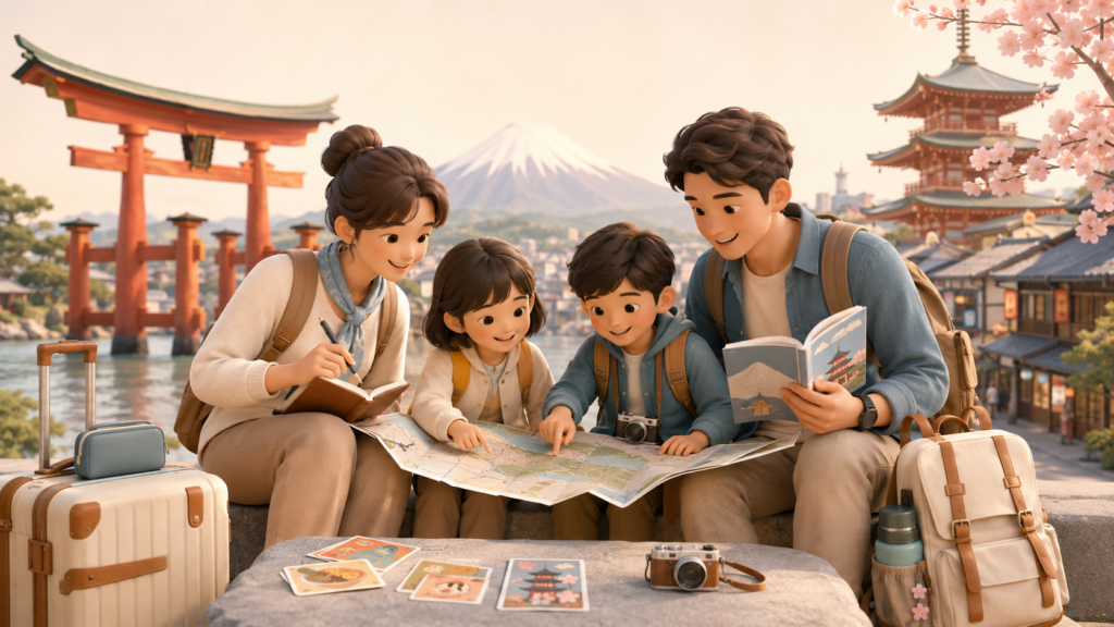 Family planning a trip in Japan with a map, travel journal, torii gate, Mount Fuji, and cherry blossoms
