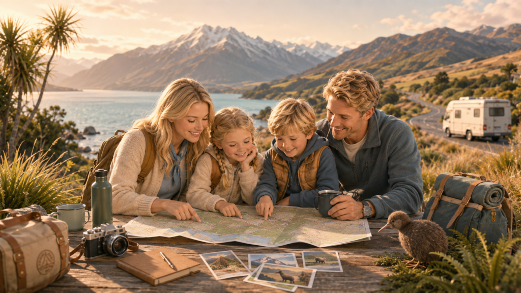 Family on a New Zealand road trip with campervan, mountains, map, travel journal, and family activity cards