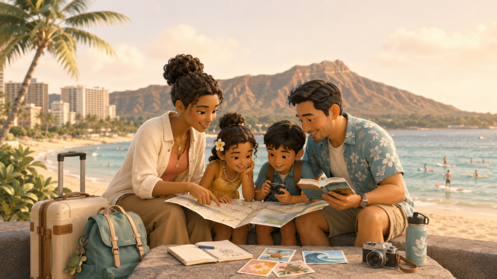 Family exploring Oahu with a beach, palm trees, travel map, activity cards, and Hawaii family travel details