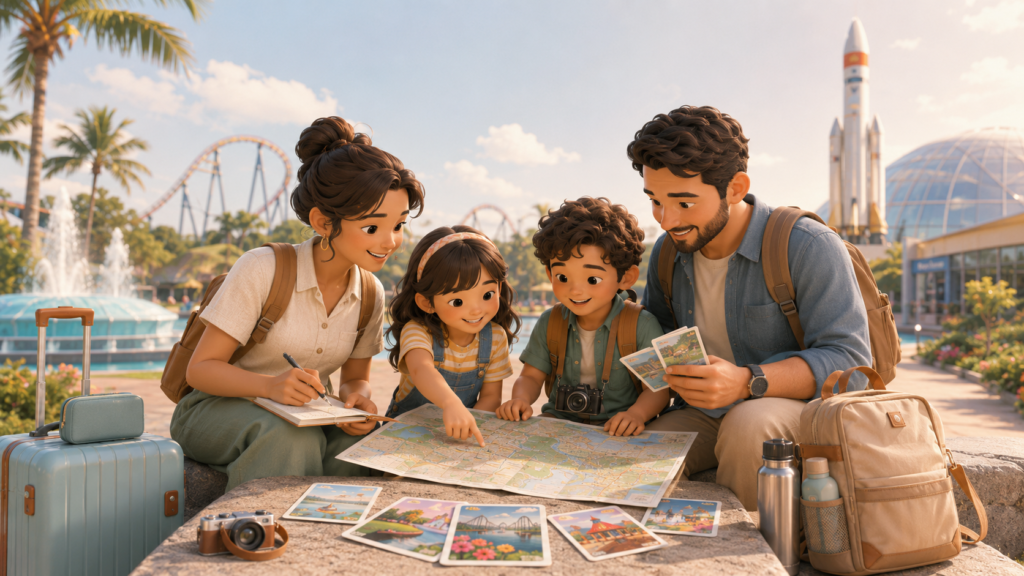 Family exploring Orlando beyond theme parks with nature, space, springs, travel map, journal, and activity cards