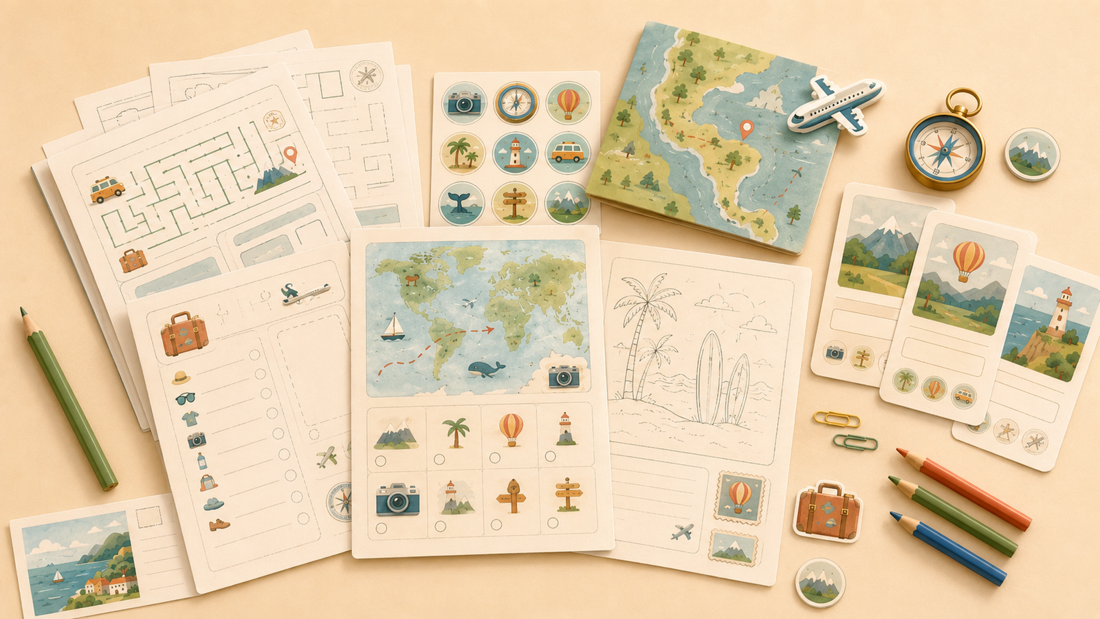 Printable family travel activity pages, checklists, stickers, map cards, pencils, and travel planning sheets arranged on a warm table