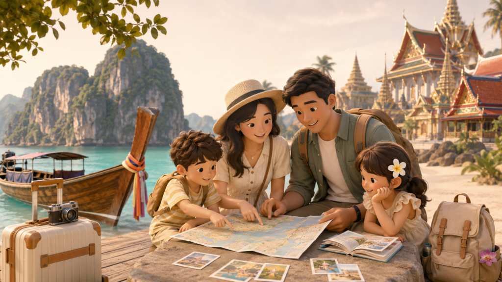 Family planning a Thailand trip with temple scenery, tropical travel details, map, journal, and activity cards