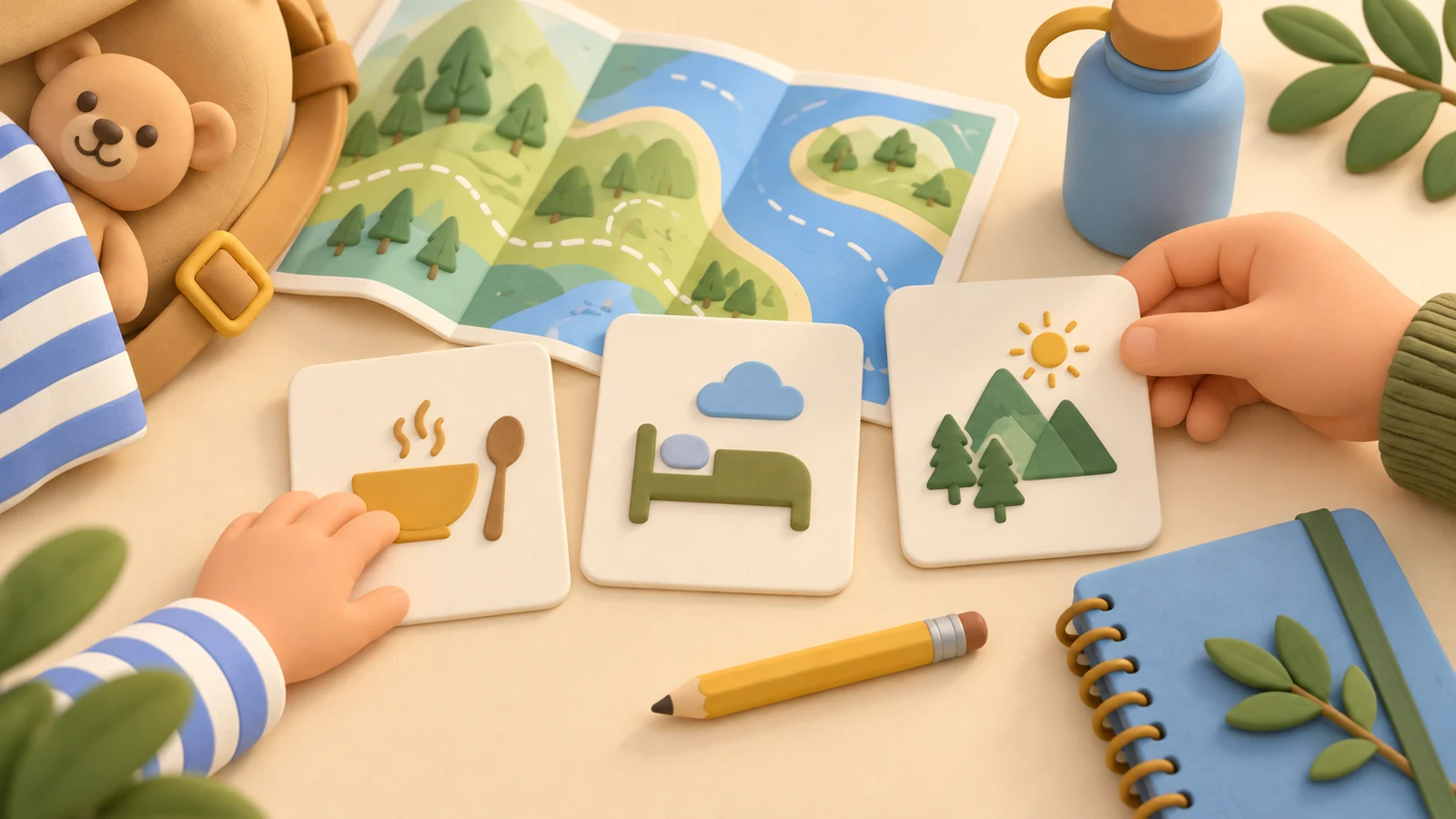 Illustrated adult and child hands arranging meal, rest and outing cards beside a travel map.