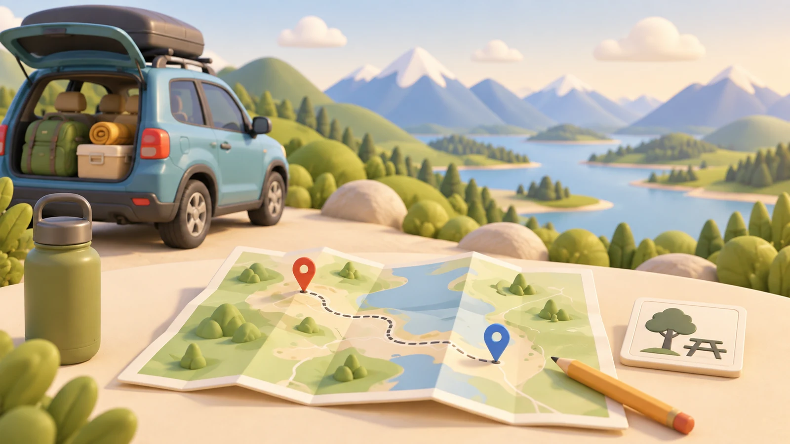 Illustrated blue car at a scenic pull-off above a green valley, with a route map and rest-stop card in the foreground.