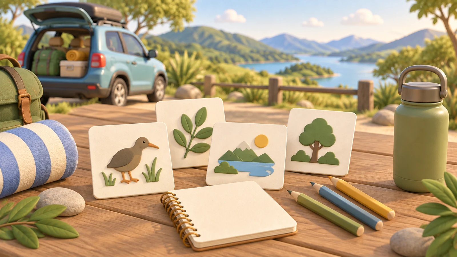 Illustrated paper observation cards and pencils at a parked road-trip stop with a car and green landscape behind.