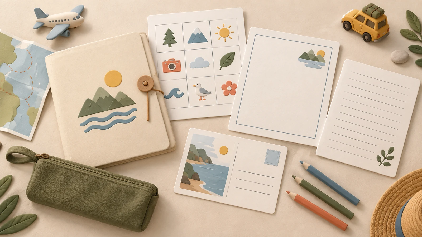 Illustrated folder, activity sheets, postcard, journal page, pencils and reusable pouch on a warm tabletop.