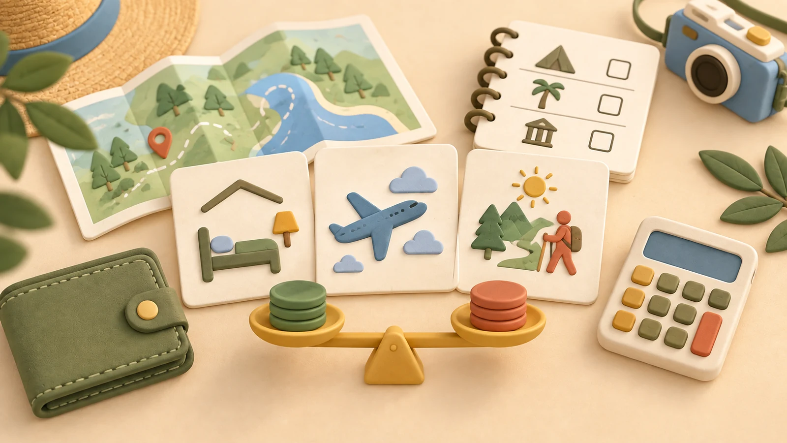 Illustrated wallet, calculator and trip cards arranged to compare family travel spending choices.