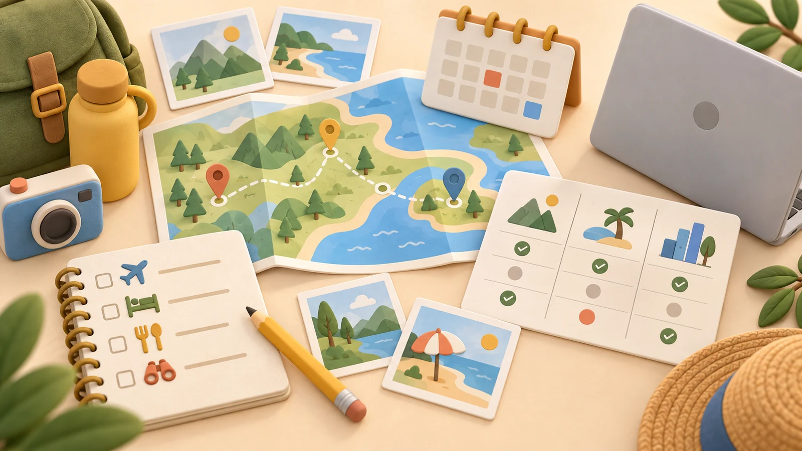 Illustrated map, calendar and travel research cards arranged to compare a family destination before booking.