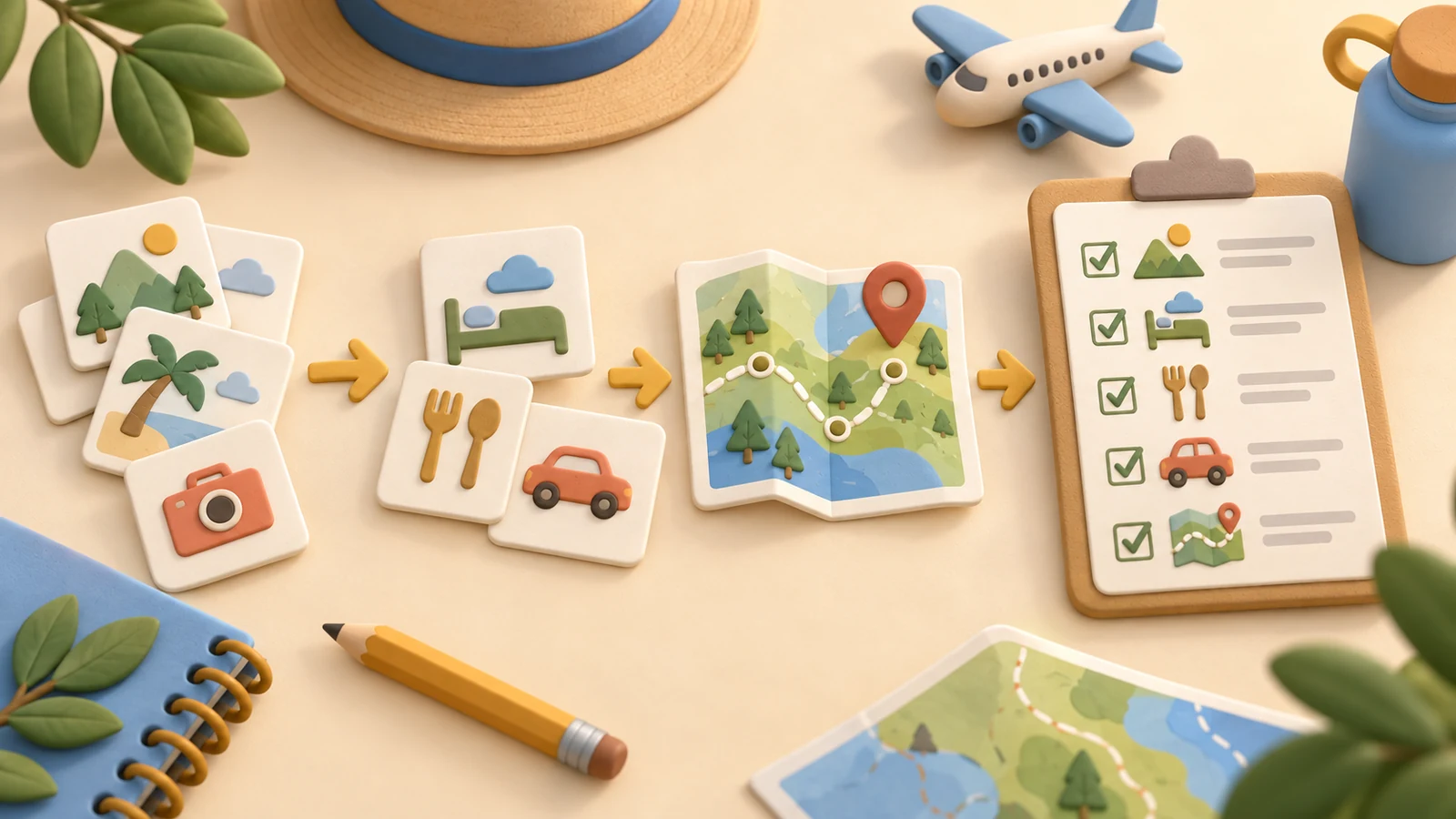 Illustrated checklist cards and calendar blocks organising family trip ideas into a bookable plan.