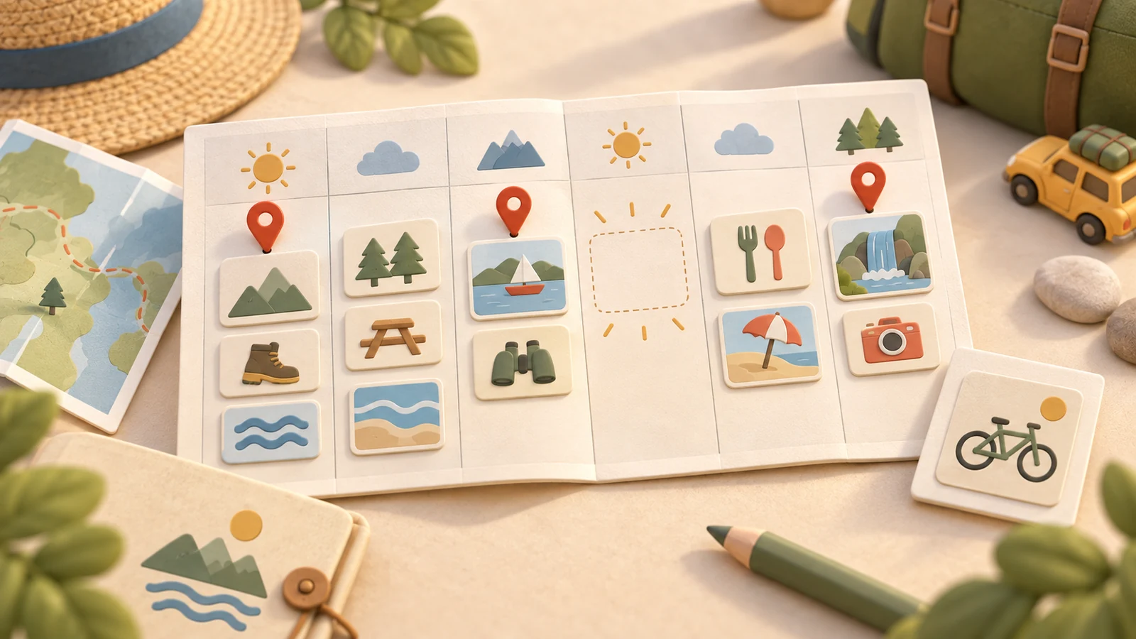 Illustrated multi-day family itinerary with fixed anchors, movable activities and an open block.