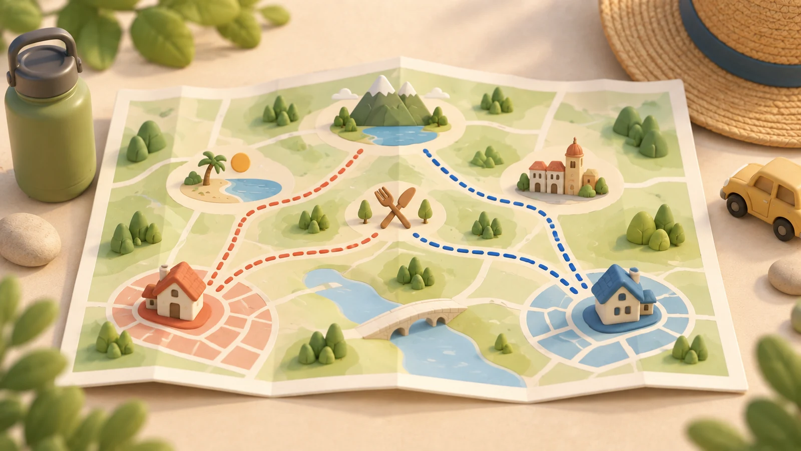 Illustrated map comparing two accommodation areas and their repeated daily travel routes.