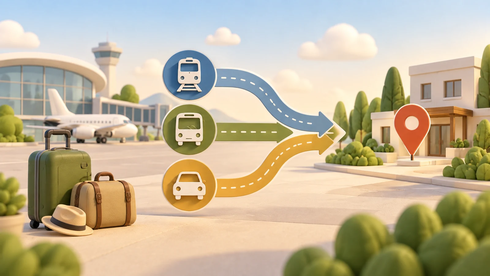 Illustrated airport-arrival plan comparing generic train, bus and car transfer routes with luggage.